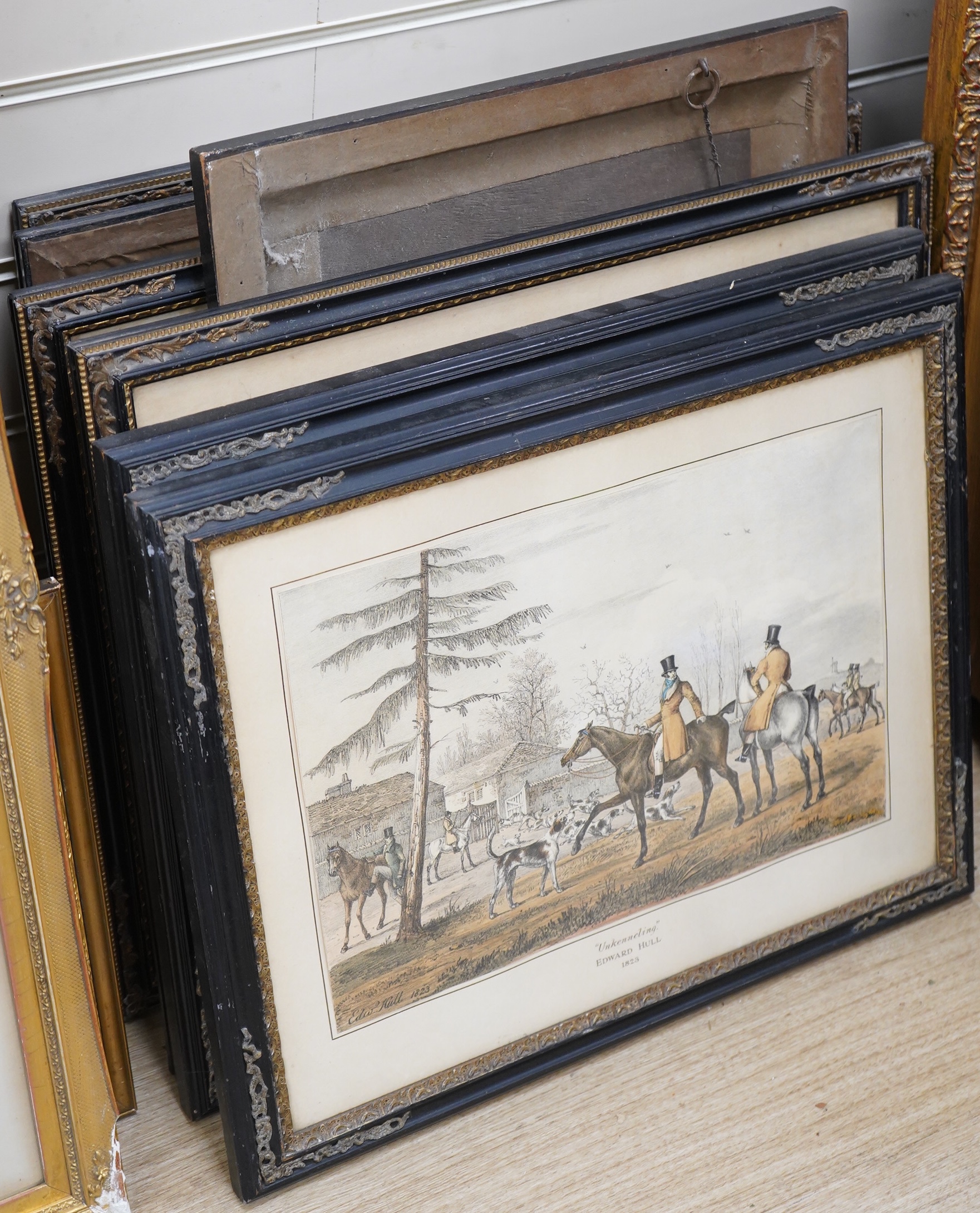 After Dean Wolstenholme (1757-1837) and Edward Hull, eight hunting interest lithographs to include: 'Unkenneling', 'Breaking cover', 'Morning' and 'Afternoon', 32 x 42cm